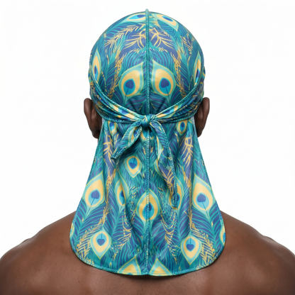 Peacock Bright feather Satin Silky Durag worn by male model, back view showing tied wrap and tail