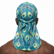 Peacock Bright feather Satin Silky Durag worn by male model, back view showing tied wrap and tail