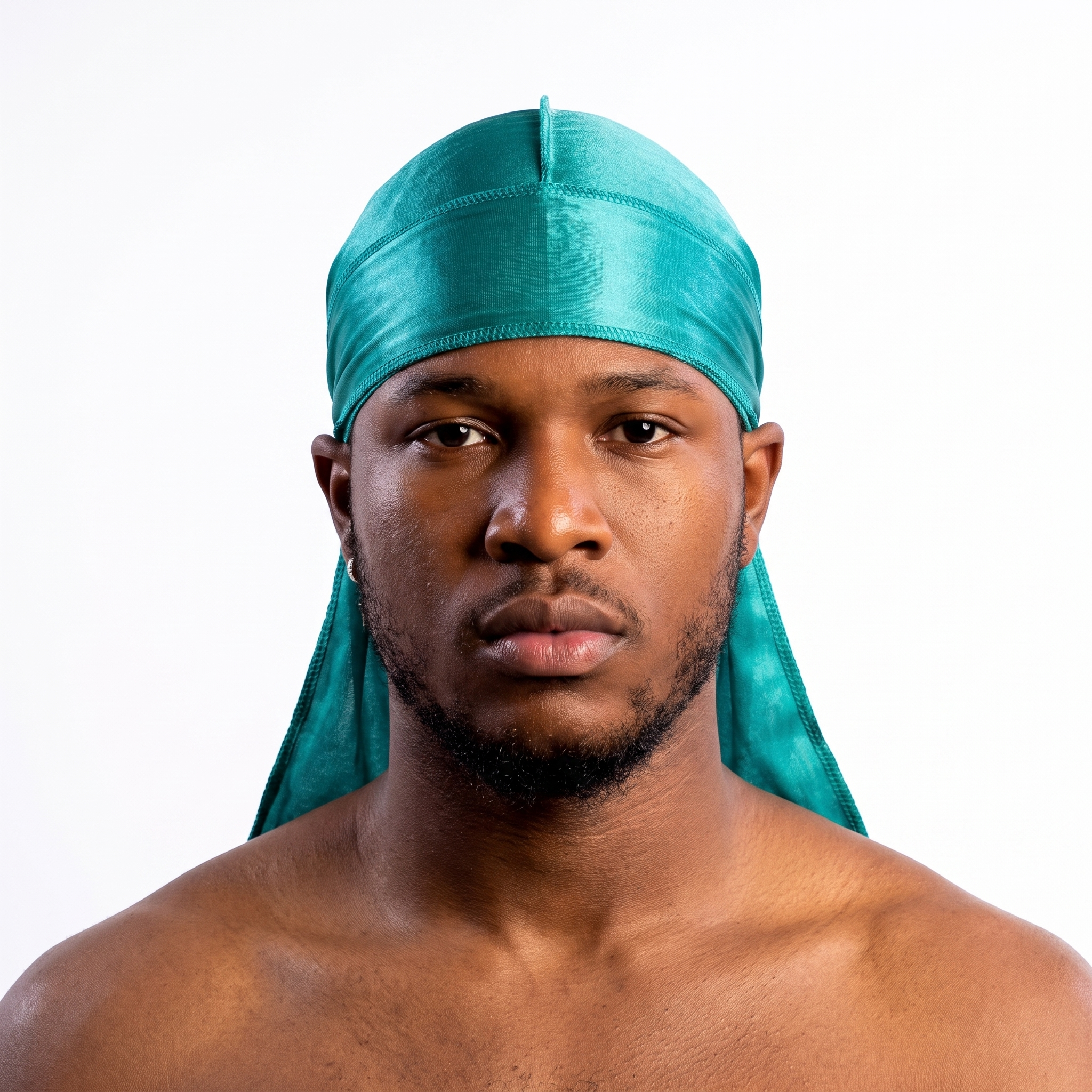 Premium Jade Green Silk Durag worn by male model, front view on white background