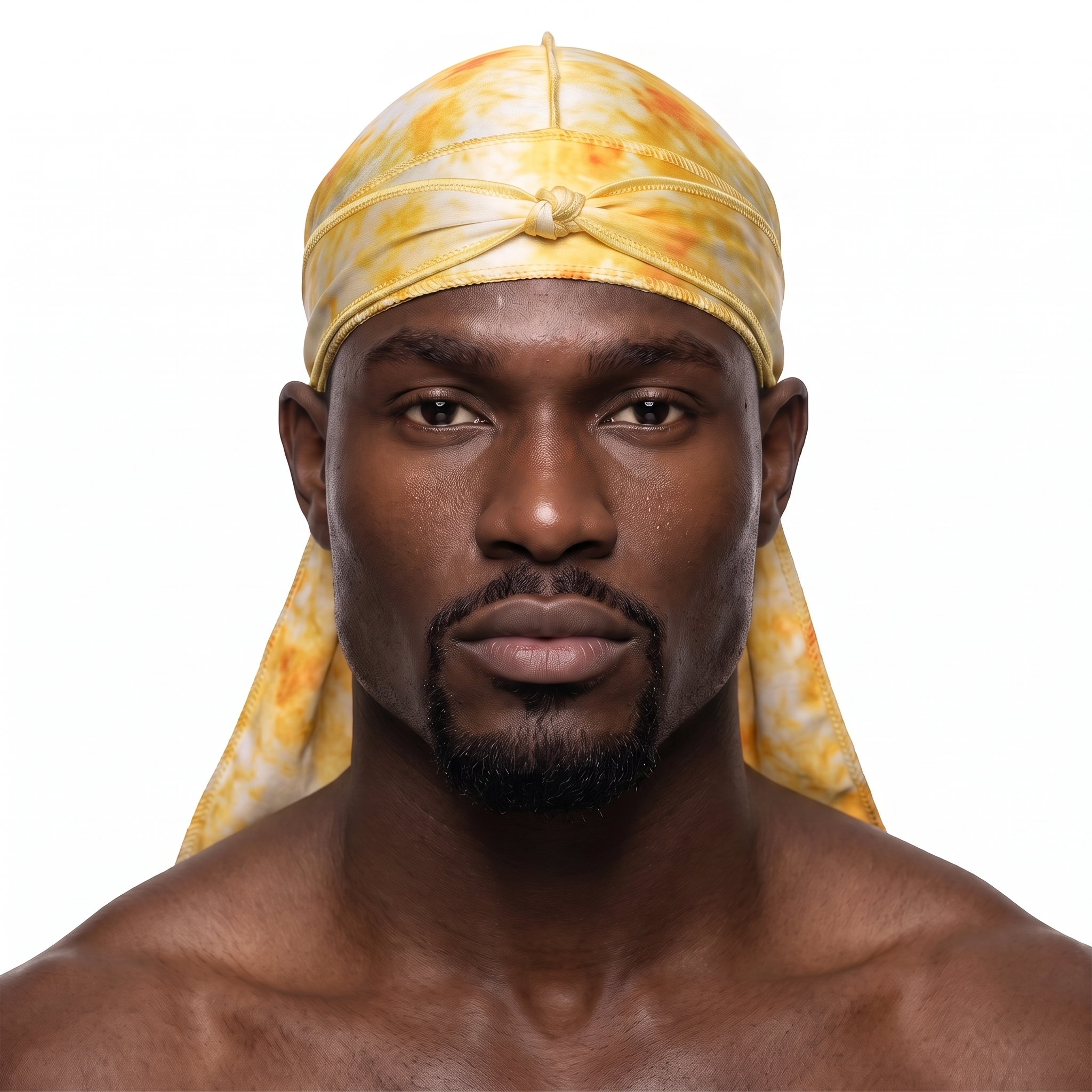 Gold Tye Dye Satin Silky Durag worn by male model, front view on white background