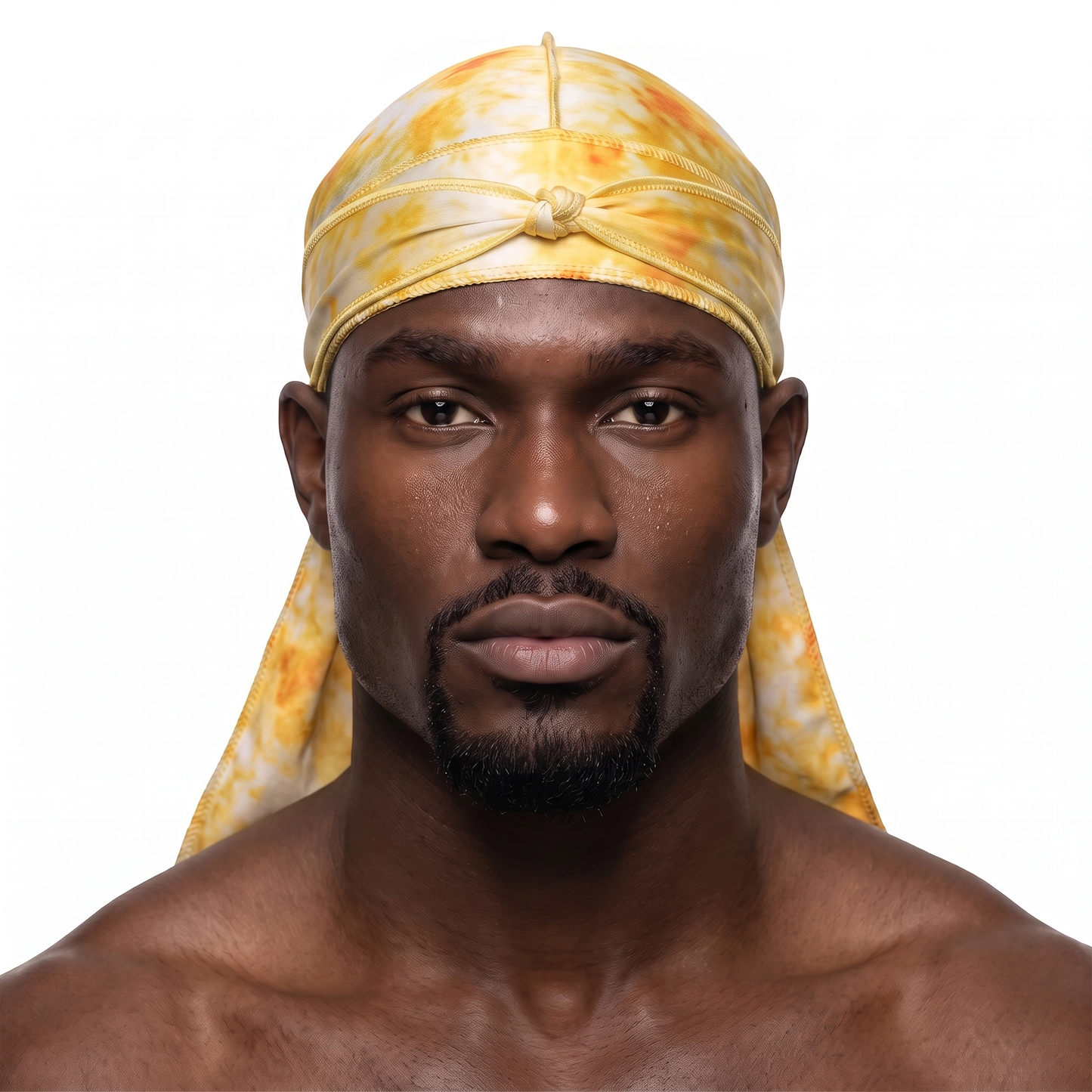Gold Tye Dye Satin Silky Durag worn by male model, front view on white background