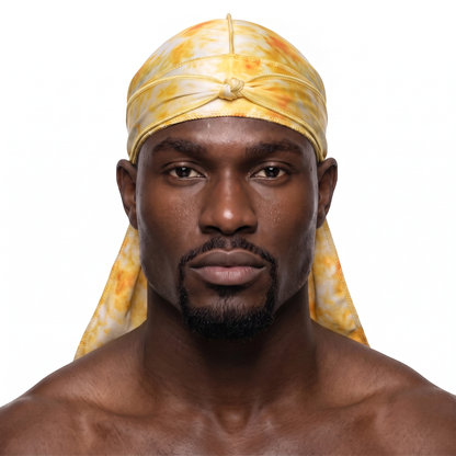 Gold Tye Dye Satin Silky Durag worn by male model, front view on white background