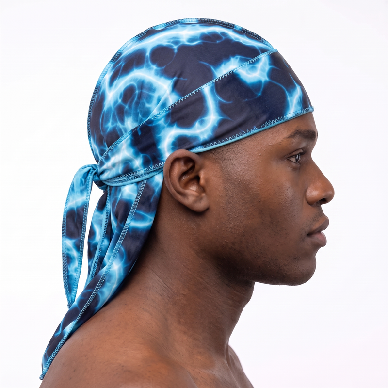Voltage Blue lightning Satin Silky Durag worn by male model, side profile showing fit and tail drape
