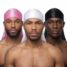 Premium Silk Durag Bundle Pink - three models wearing Pink, White and Black heavy silky durags