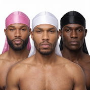 Premium Silk Durag Bundle Pink - three models wearing Pink, White and Black heavy silky durags