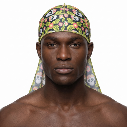 Cinco De Mayo Green festive Satin Silky Durag worn by male model, front view on white background