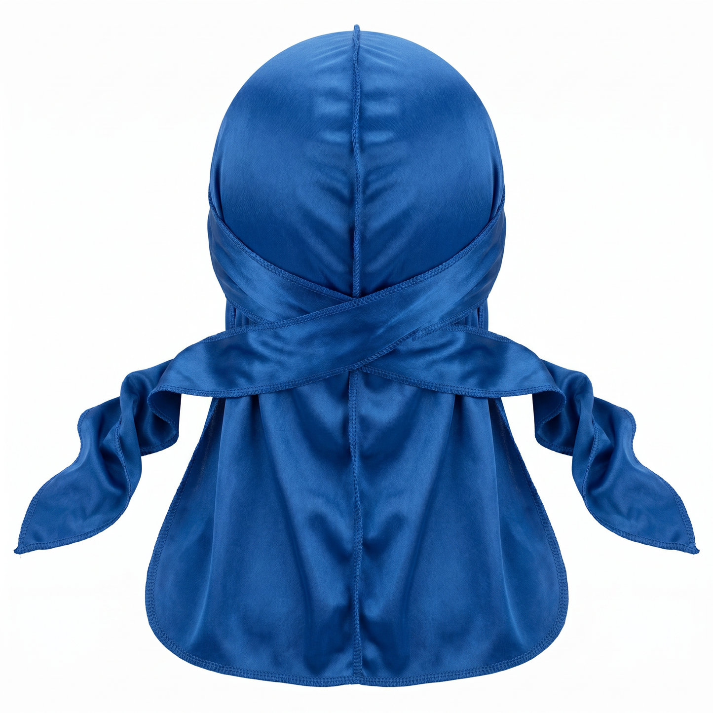 Premium True Blue Silk Durag - premium heavy silky durag back view showing wrap straps, tail and stitching