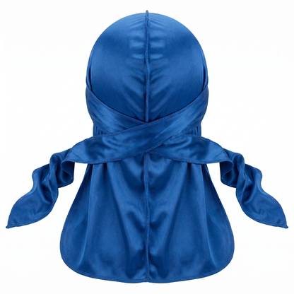 Premium True Blue Silk Durag - premium heavy silky durag back view showing wrap straps, tail and stitching