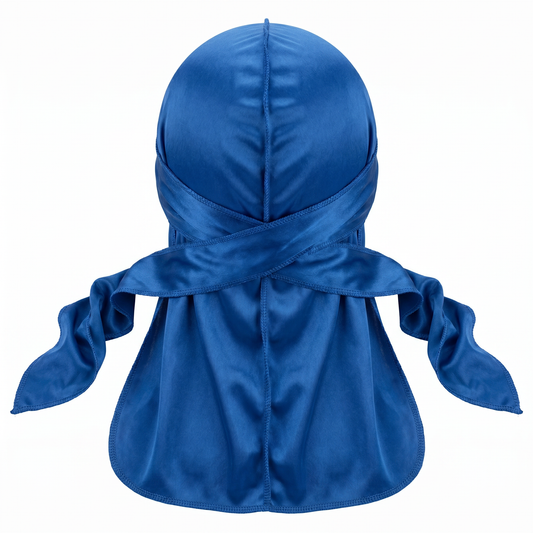 Premium True Blue Silk Durag - premium heavy silky durag back view showing wrap straps, tail and stitching