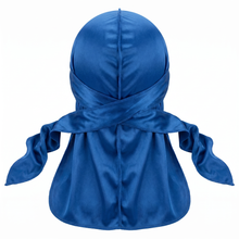 Premium True Blue Silk Durag - premium heavy silky durag back view showing wrap straps, tail and stitching