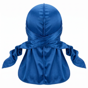 Premium True Blue Silk Durag - premium heavy silky durag back view showing wrap straps, tail and stitching