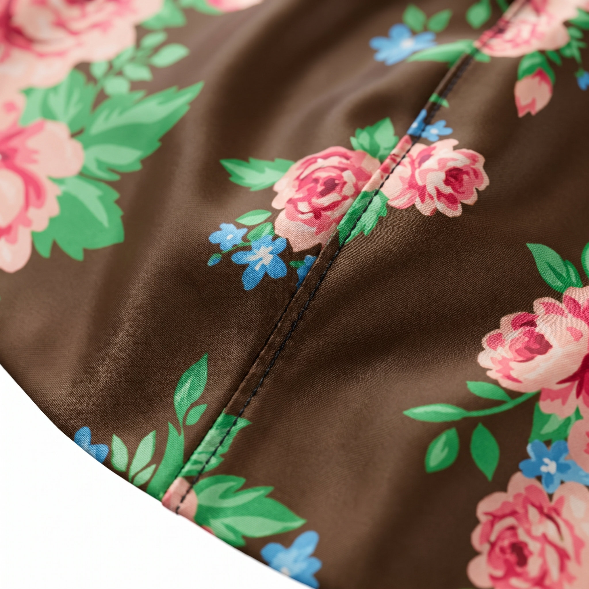 Brown Pink Retro Roses floral Satin Silky Durag fabric close-up showing Brown Pink Retro Roses floral print and stitching detail