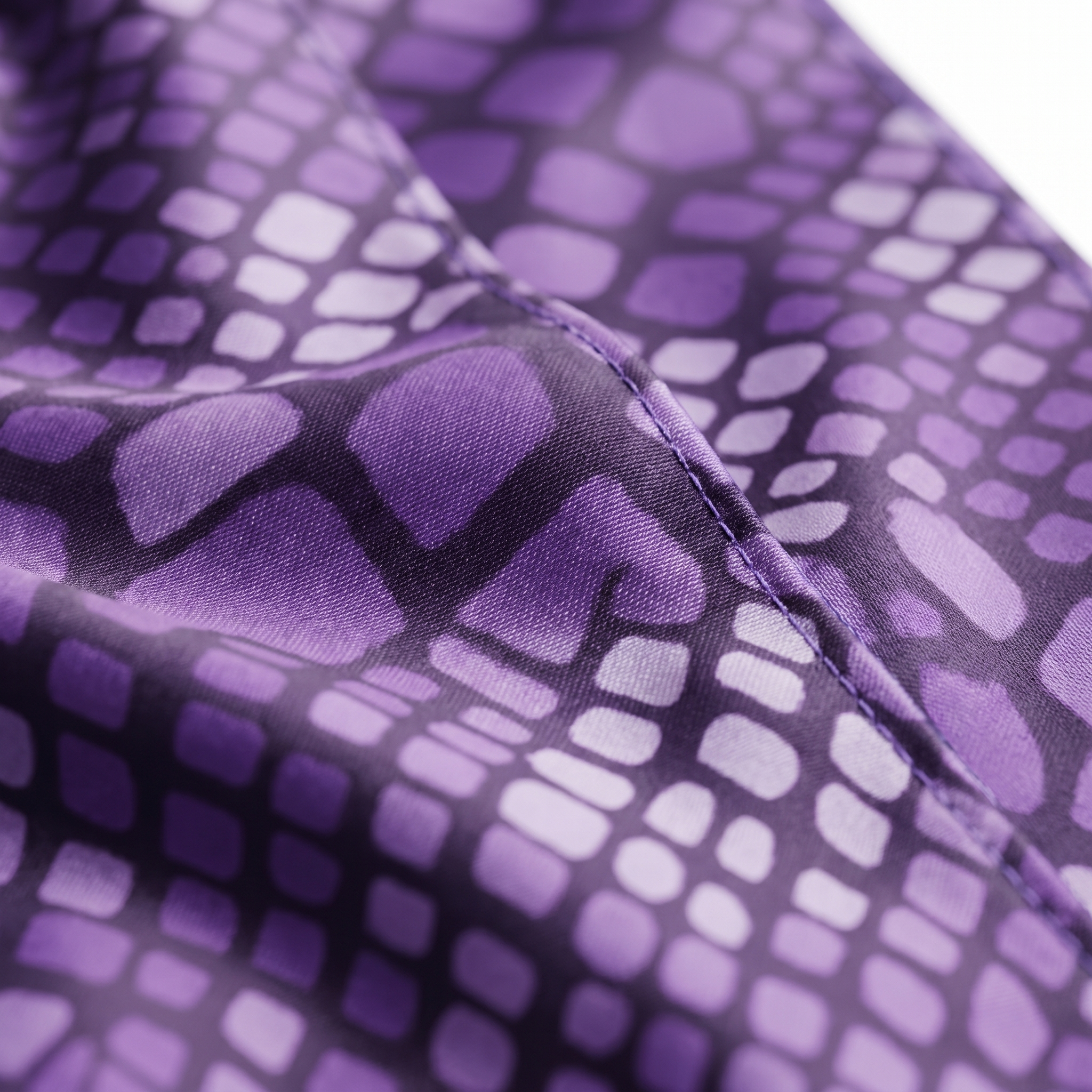 Purple reptile snakeskin Satin Silky Durag fabric close-up showing Purple reptile snakeskin print and stitching detail