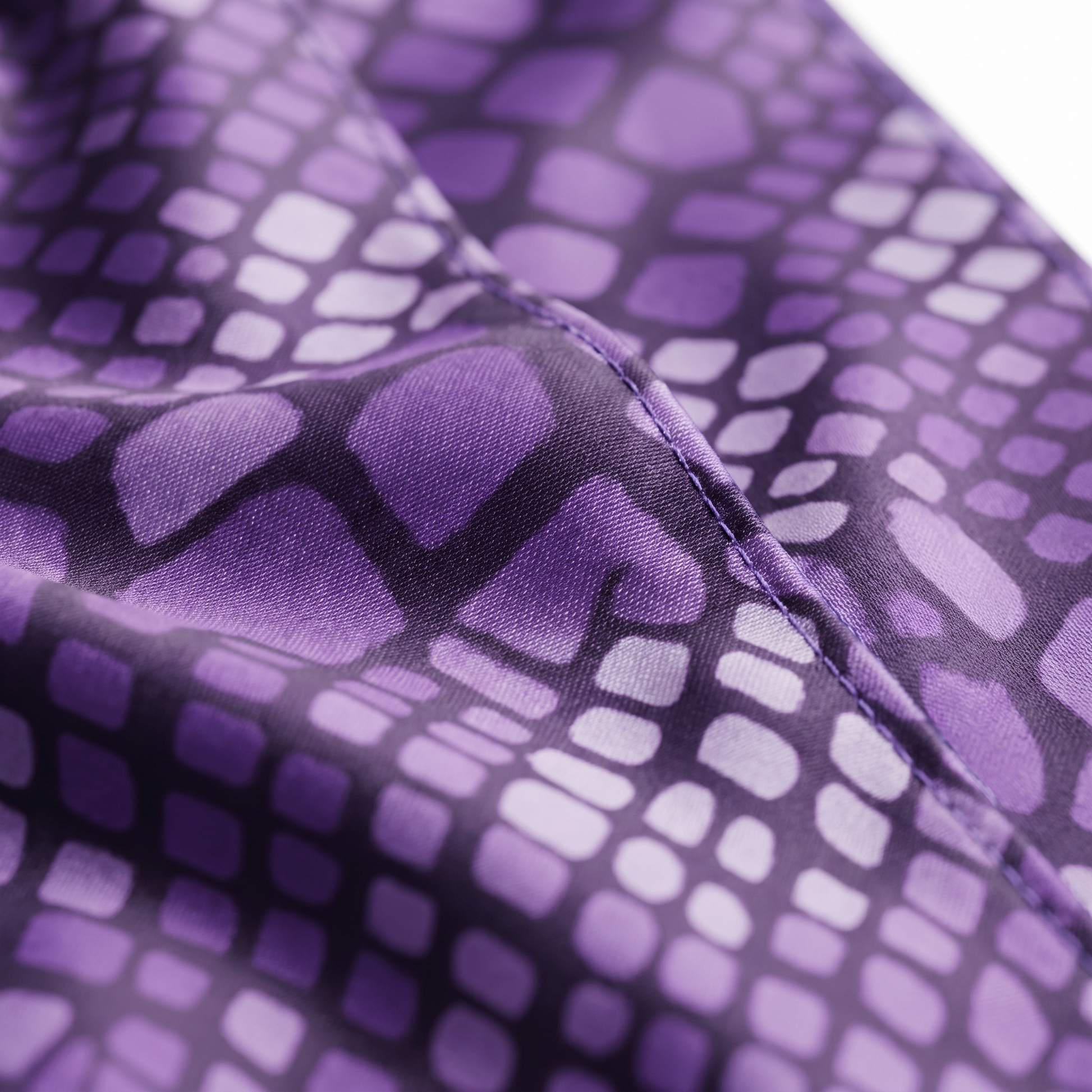 Purple reptile snakeskin Satin Silky Durag fabric close-up showing Purple reptile snakeskin print and stitching detail