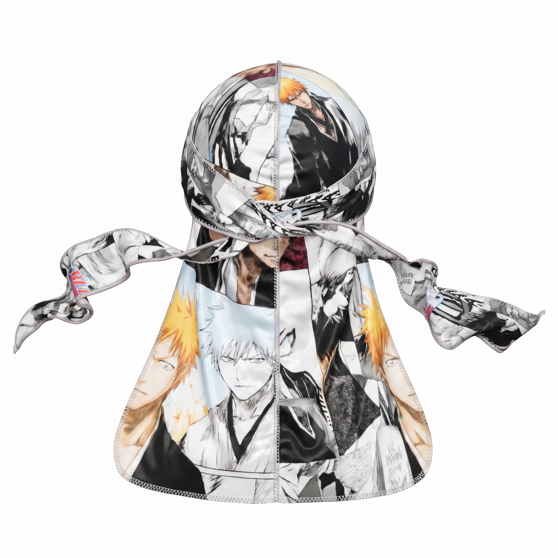 Bleach anime graphic Satin Silky Durag - premium silky durag back view showing wrap straps, tail and stitching