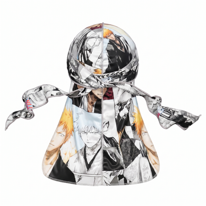 Bleach anime graphic Satin Silky Durag - premium silky durag back view showing wrap straps, tail and stitching
