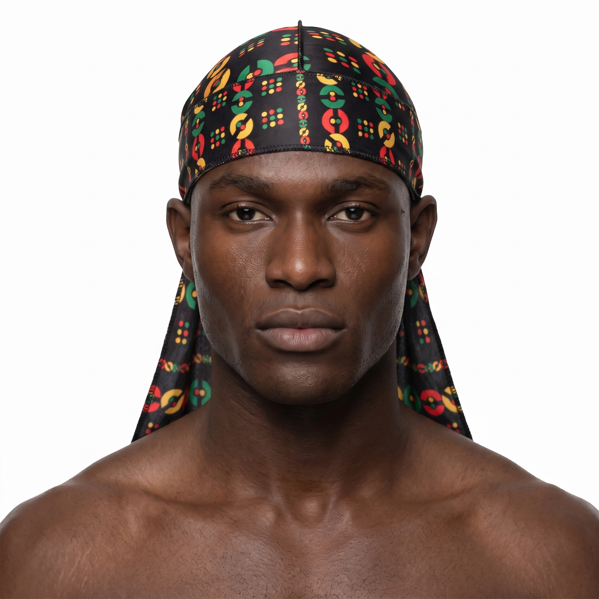 Juneteenth 5.0 red black and green Satin Silky Durag worn by male model, front view on white background