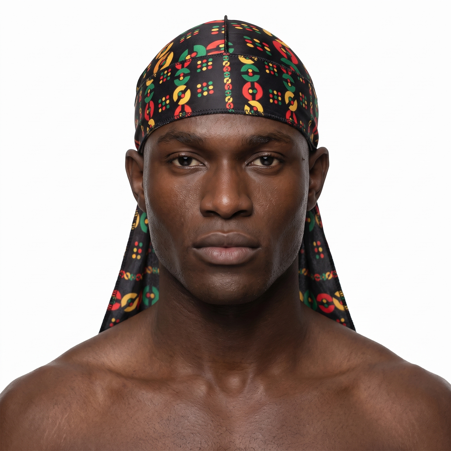 Juneteenth 5.0 red black and green Satin Silky Durag worn by male model, front view on white background
