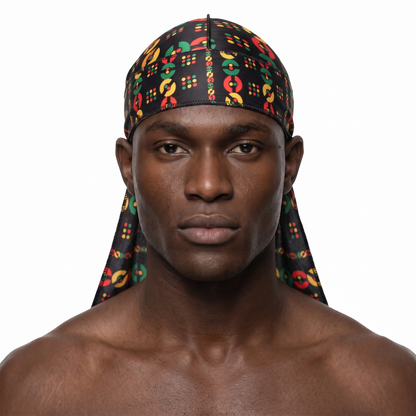 Juneteenth 5.0 red black and green Satin Silky Durag worn by male model, front view on white background