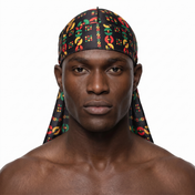 Juneteenth 5.0 red black and green Satin Silky Durag worn by male model, front view on white background