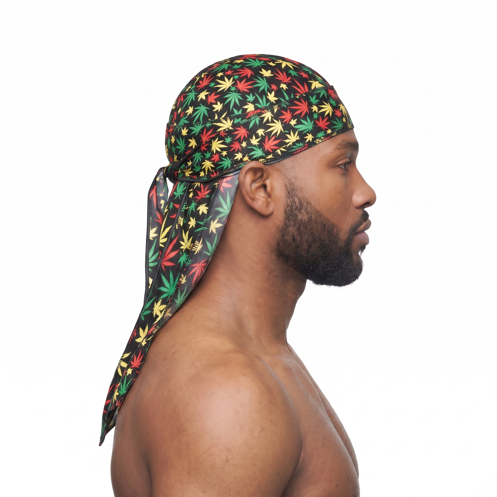 Cannabis Rasta leaf print Satin Silky Durag worn by male model, side profile showing fit and tail drape