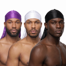 Premium Silk Durag Bundle Passion Purple - three models wearing Passion Purple, White and Black heavy silky durags