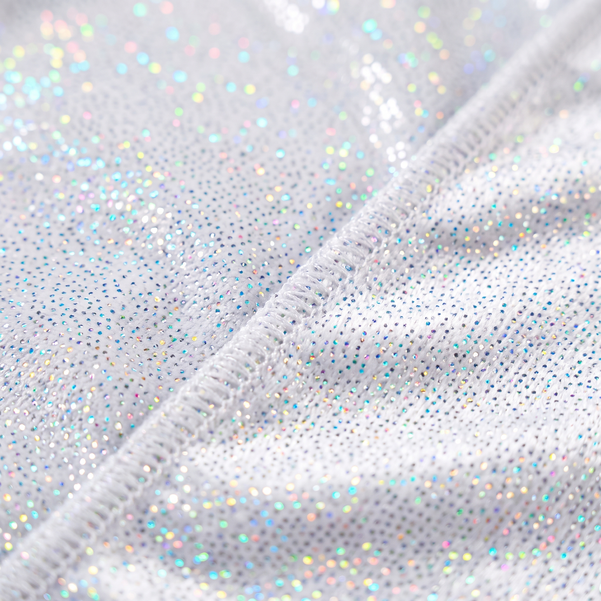 Premium White Hologram Sparkle Velvet Durag fabric close-up showing texture and stitching detail