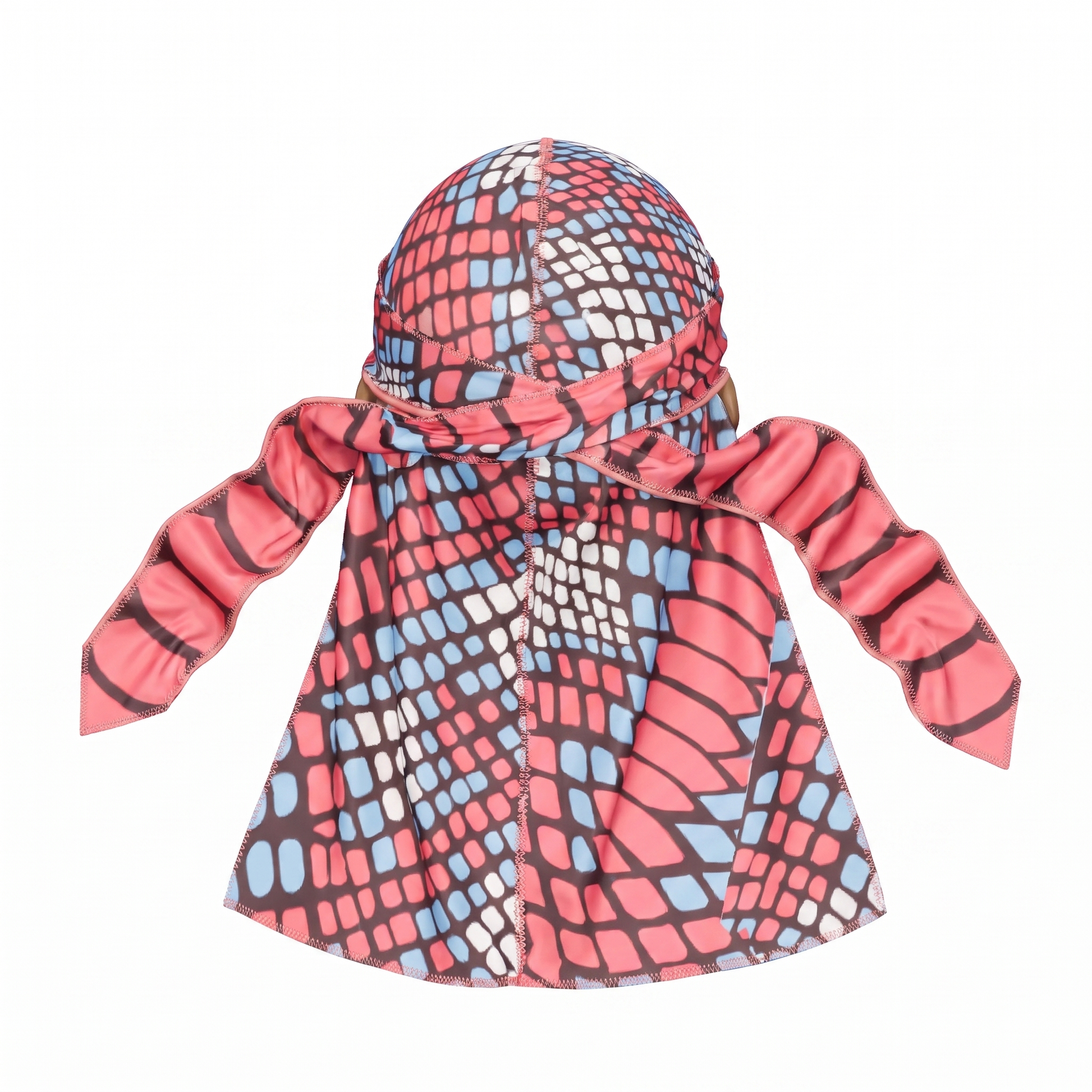 Red and Blue reptile snakeskin Satin Silky Durag - premium silky durag back view showing wrap straps, tail and stitching