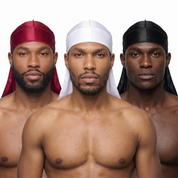 Premium Silk Durag Bundle Cherry Red - three models wearing Cherry Red, White and Black heavy silky durags