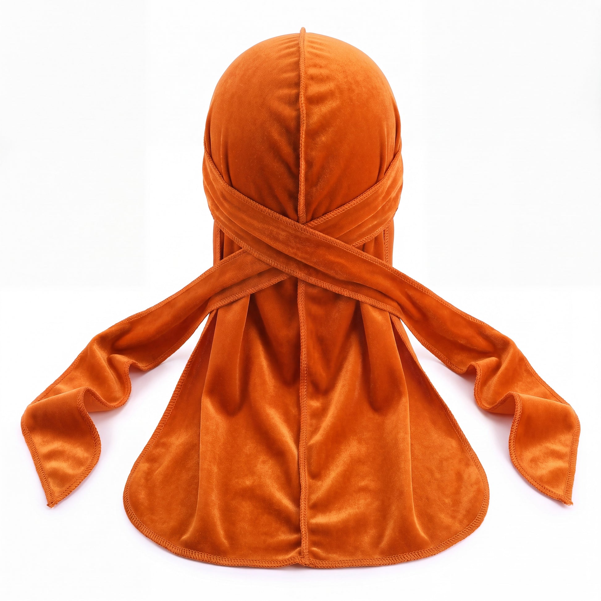 Premium Orange Velvet Durag - premium velvet durag back view showing wrap straps, tail and stitching