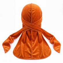 Premium Orange Velvet Durag - premium velvet durag back view showing wrap straps, tail and stitching