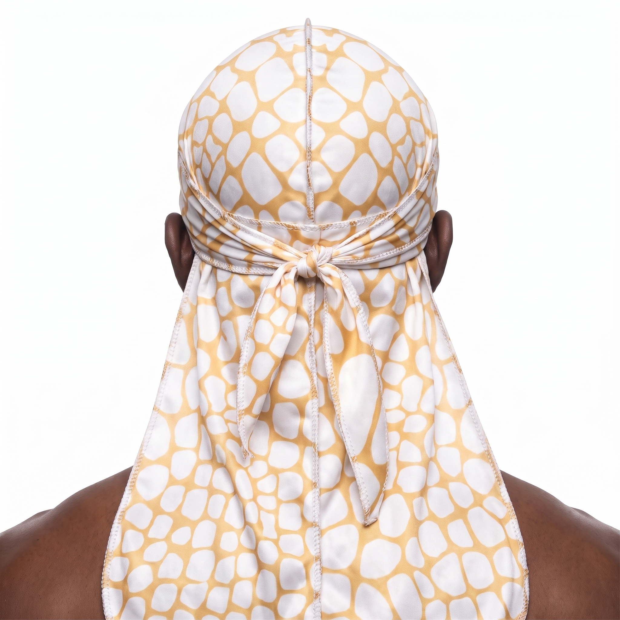 Tan crocodile skin Satin Silky Durag worn by male model, back view showing tied wrap and tail