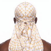 Tan crocodile skin Satin Silky Durag worn by male model, back view showing tied wrap and tail