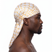 Tan crocodile skin Satin Silky Durag worn by male model, side profile showing fit and tail drape
