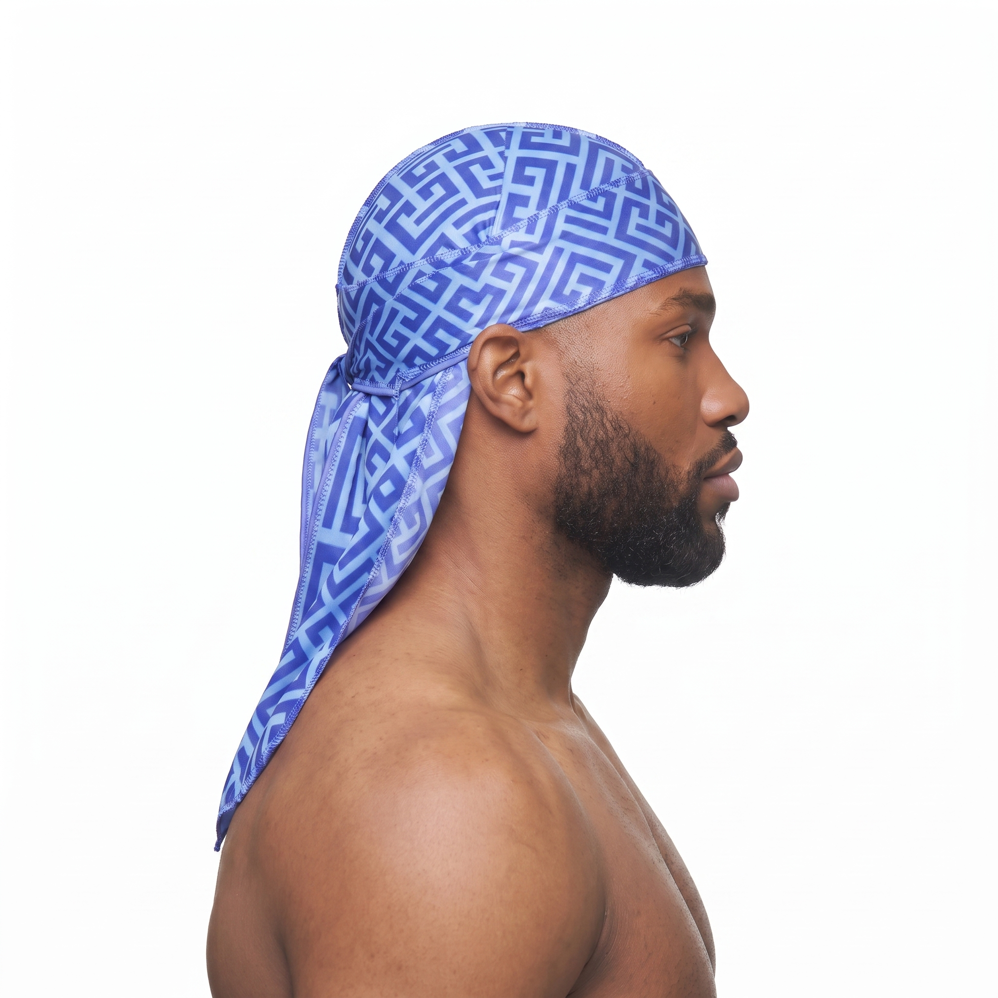 Blue Maze geometric Satin Silky Durag worn by male model, side profile showing fit and tail drape