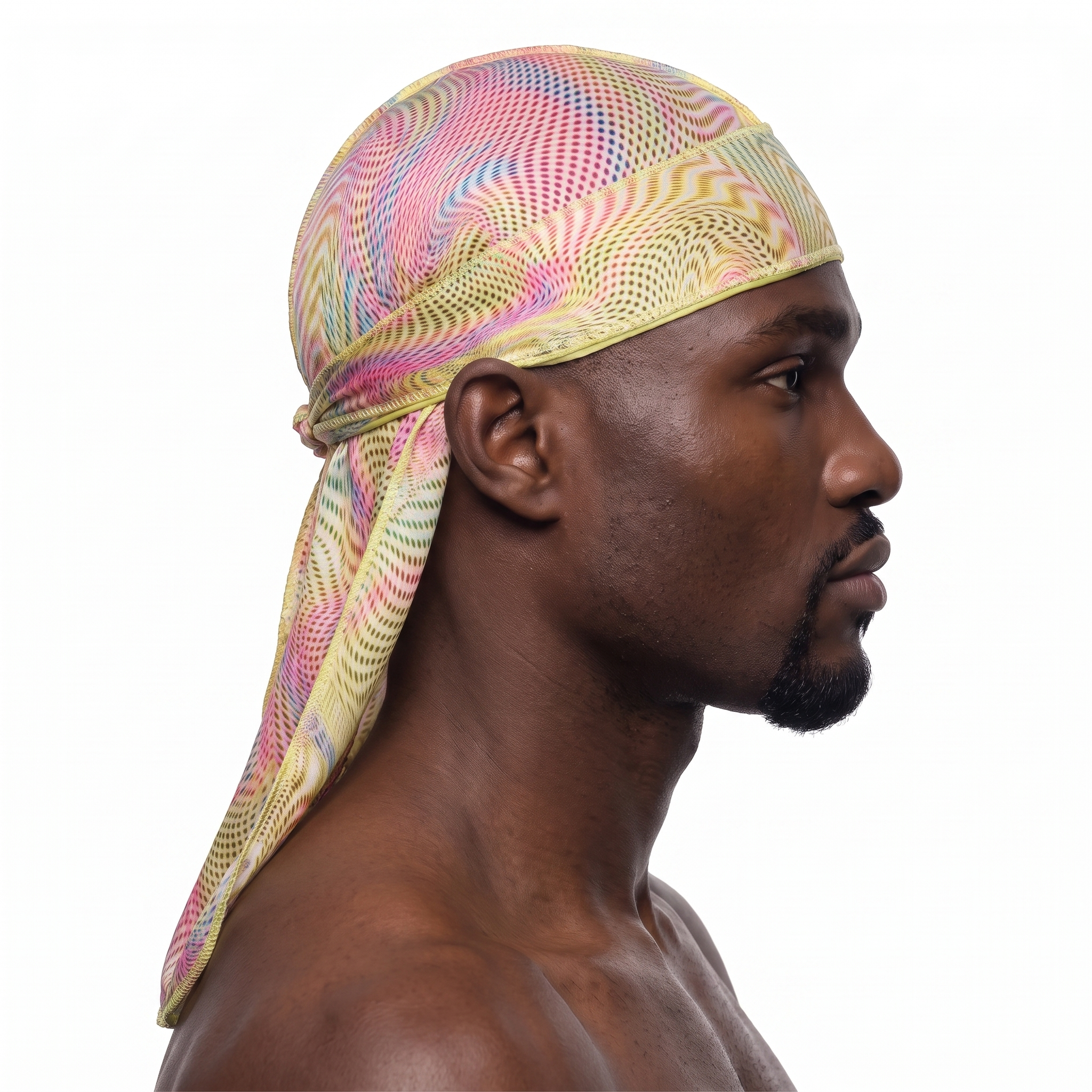 Warm-tone optical illusion swirl Satin Silky Durag worn by male model, side profile showing fit and tail drape