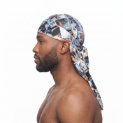 Star Wars space graphic Satin Silky Durag worn by male model, side profile showing fit and tail drape
