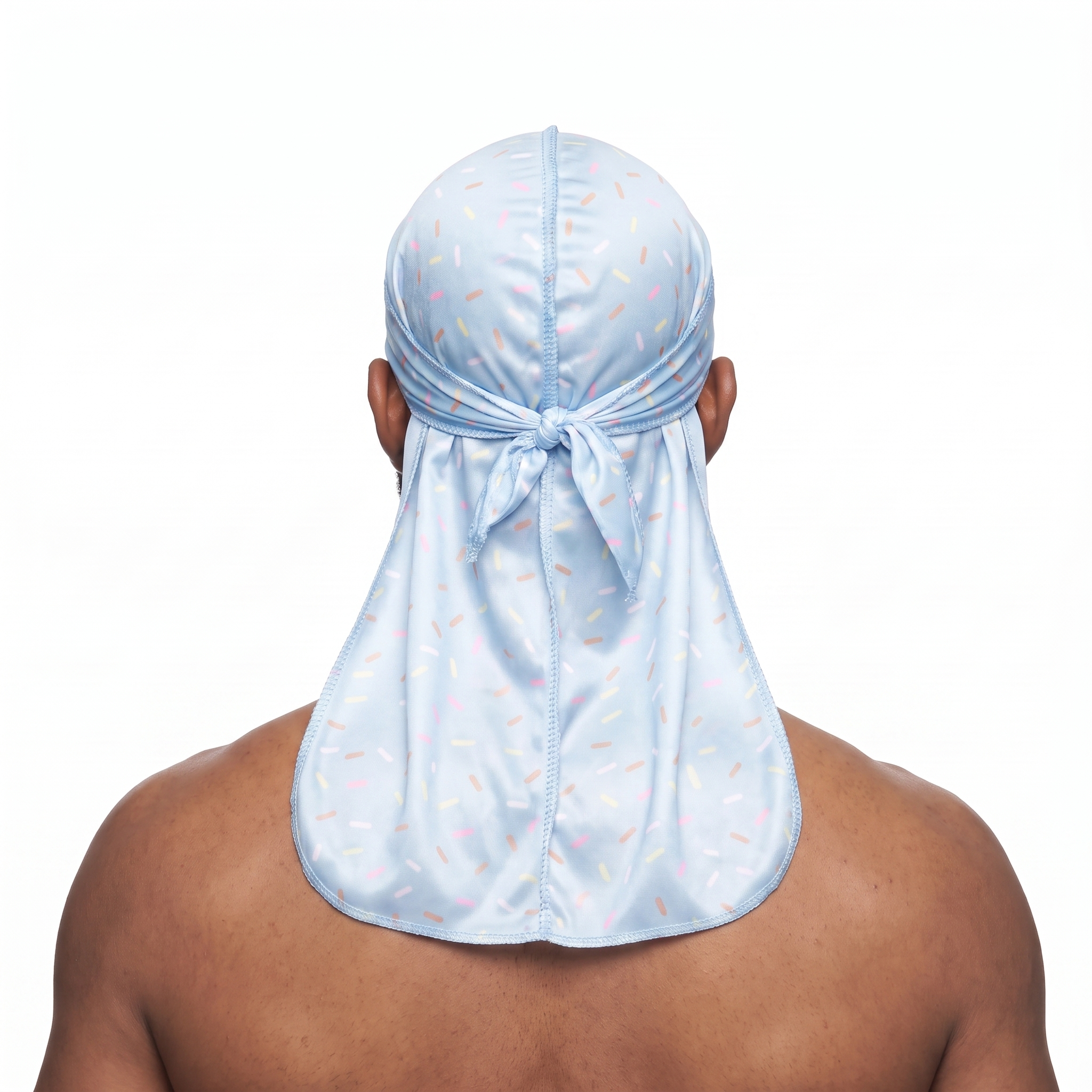 Blue ice cream sprinkle Satin Silky Durag worn by male model, back view showing tied wrap and tail