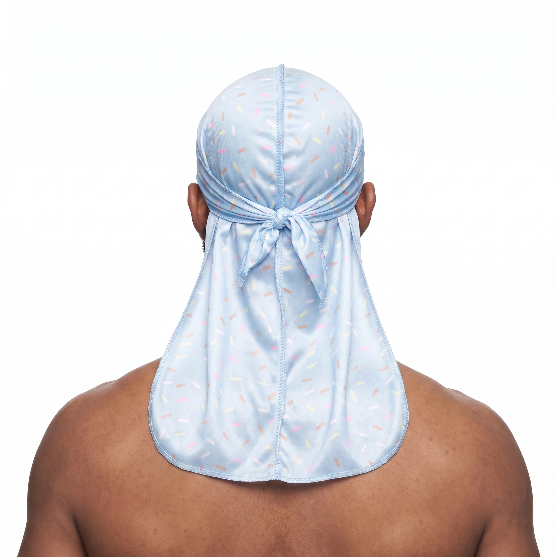 Blue ice cream sprinkle Satin Silky Durag worn by male model, back view showing tied wrap and tail
