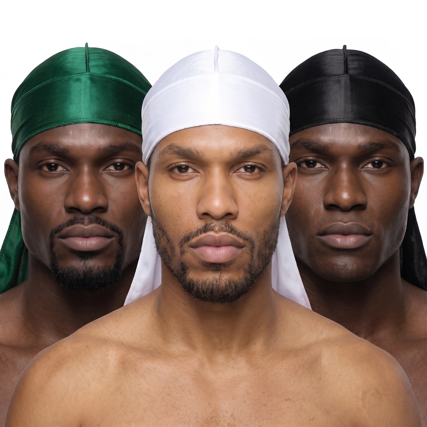 Premium Silk Durag Bundle Forest Green - three models wearing Forest Green, White and Black heavy silky durags