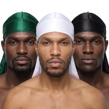 Premium Silk Durag Bundle Forest Green - three models wearing Forest Green, White and Black heavy silky durags