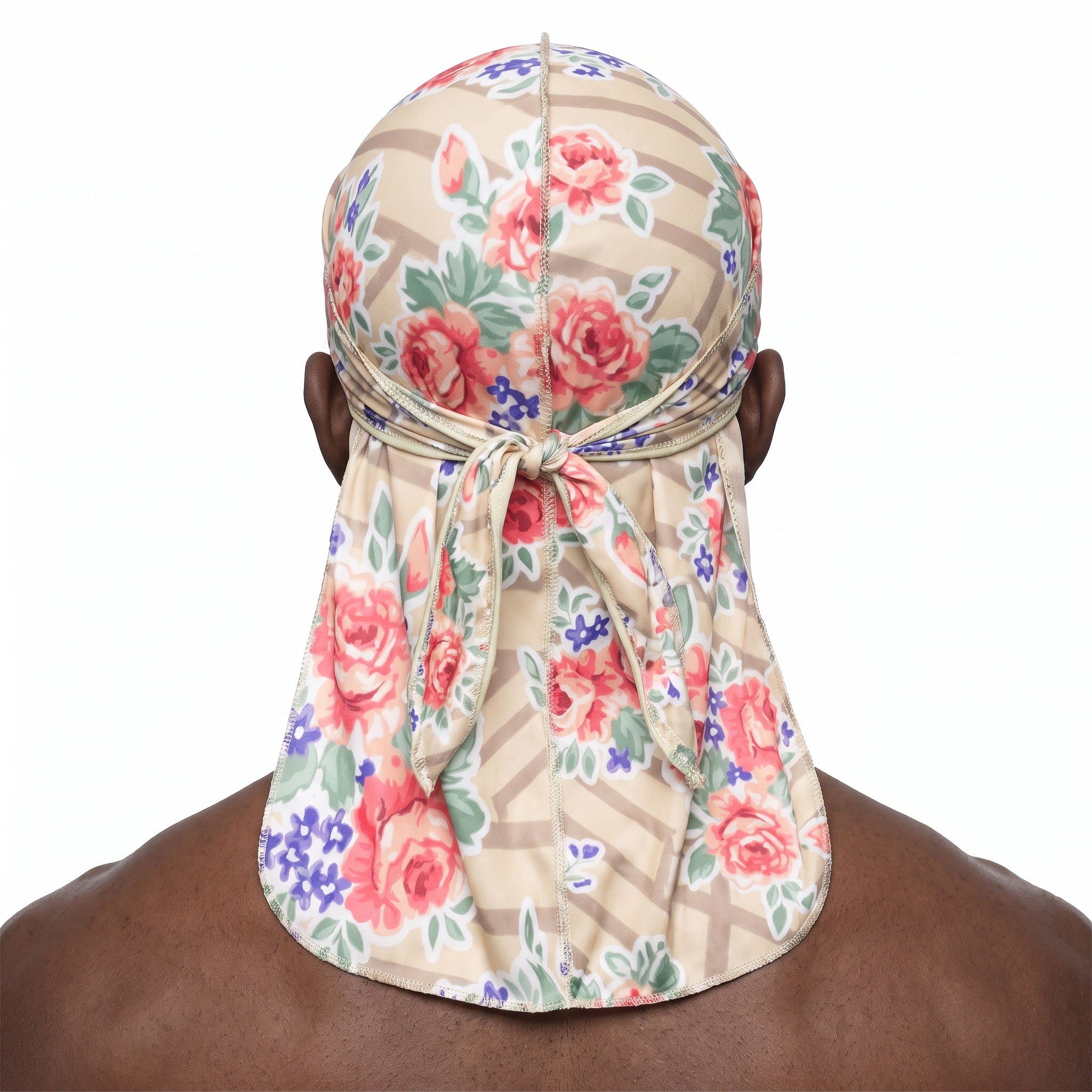 Khaki retro roses floral Satin Silky Durag worn by male model, back view showing tied wrap and tail