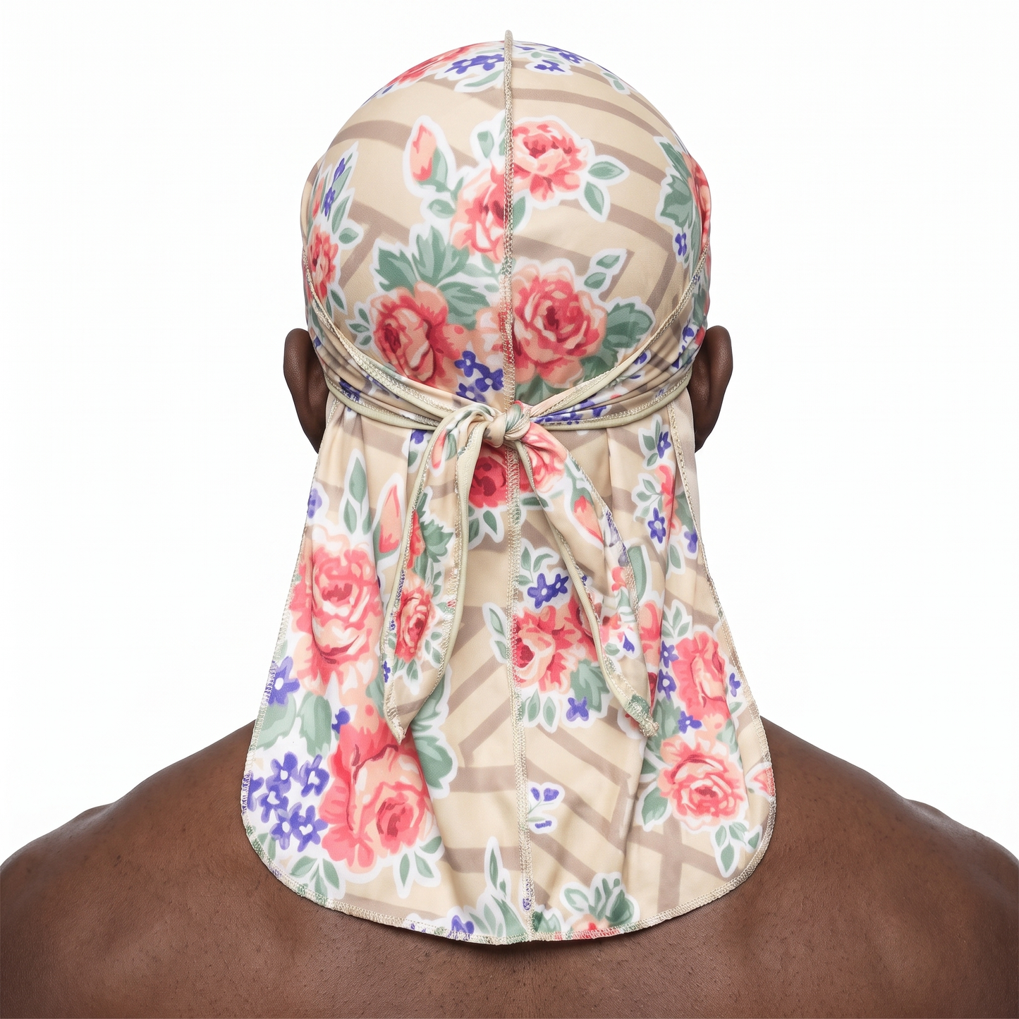 Khaki retro roses floral Satin Silky Durag worn by male model, back view showing tied wrap and tail