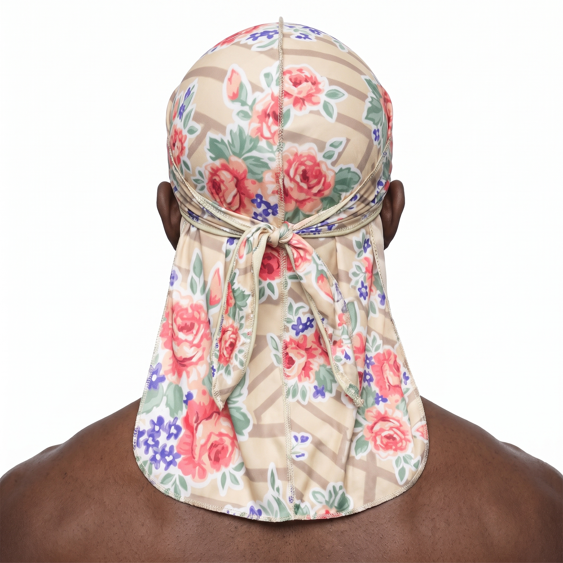 Khaki retro roses floral Satin Silky Durag worn by male model, back view showing tied wrap and tail