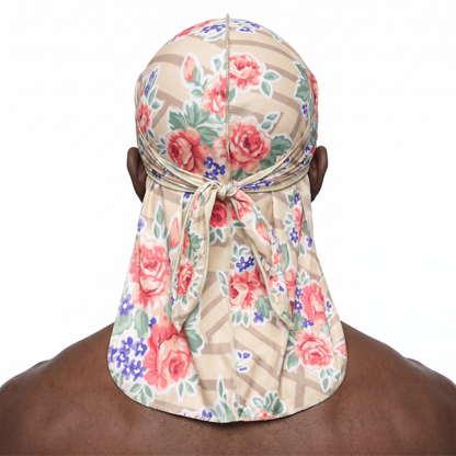 Khaki retro roses floral Satin Silky Durag worn by male model, back view showing tied wrap and tail
