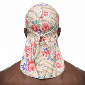 Khaki retro roses floral Satin Silky Durag worn by male model, back view showing tied wrap and tail