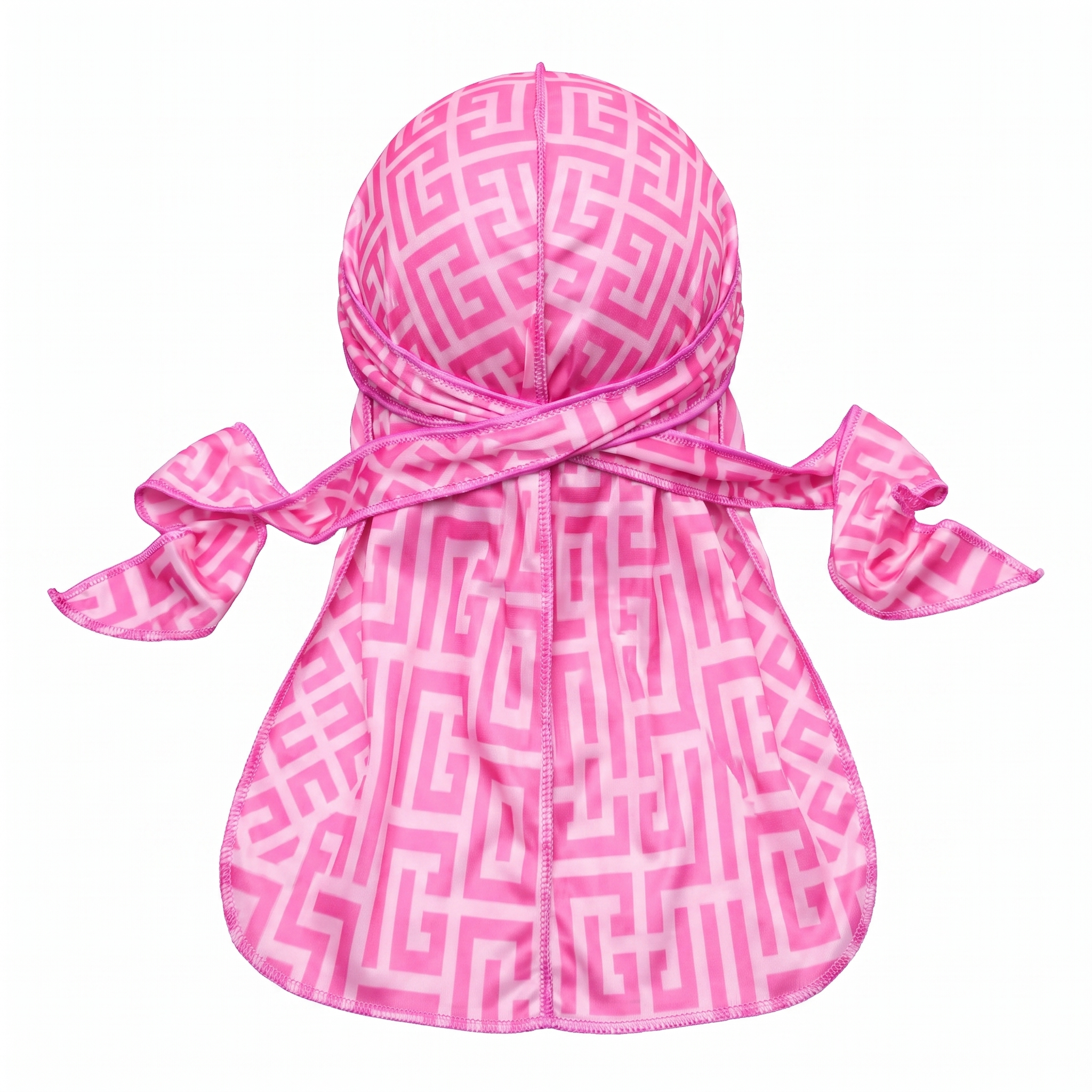 Pink Maze geometric Satin Silky Durag - premium silky durag back view showing wrap straps, tail and stitching