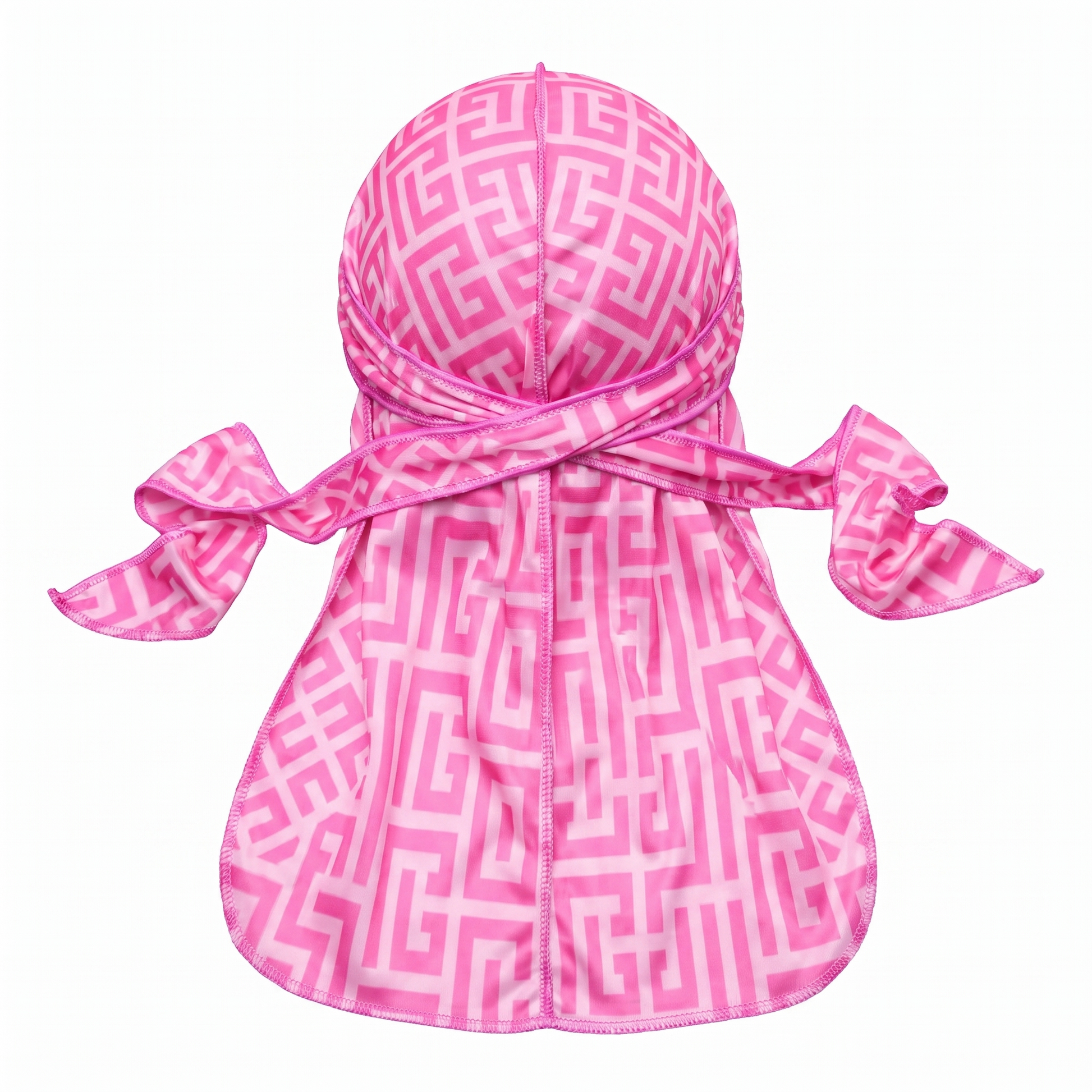 Pink Maze geometric Satin Silky Durag - premium silky durag back view showing wrap straps, tail and stitching