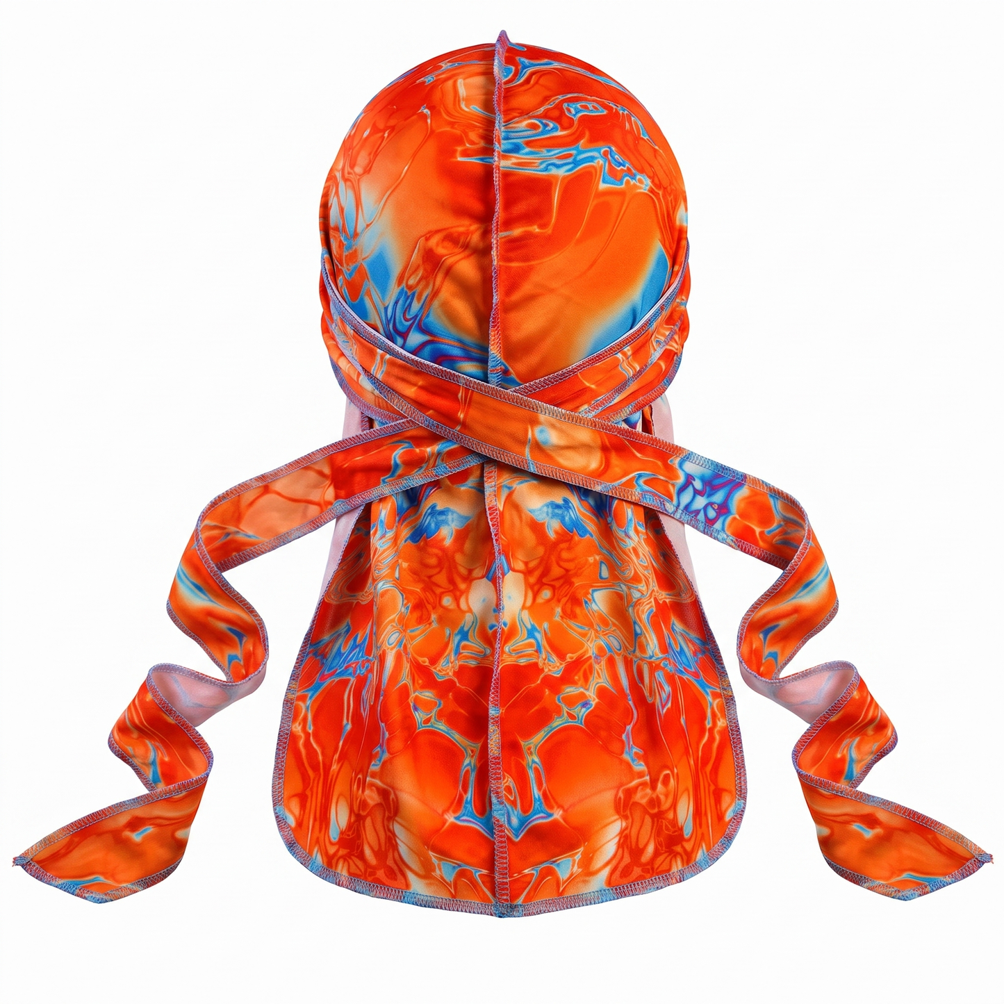Elite Pattern Atomic Orange Durag - premium durag back view showing wrap straps, tail and stitching