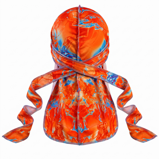 Elite Pattern Atomic Orange Durag - premium durag back view showing wrap straps, tail and stitching